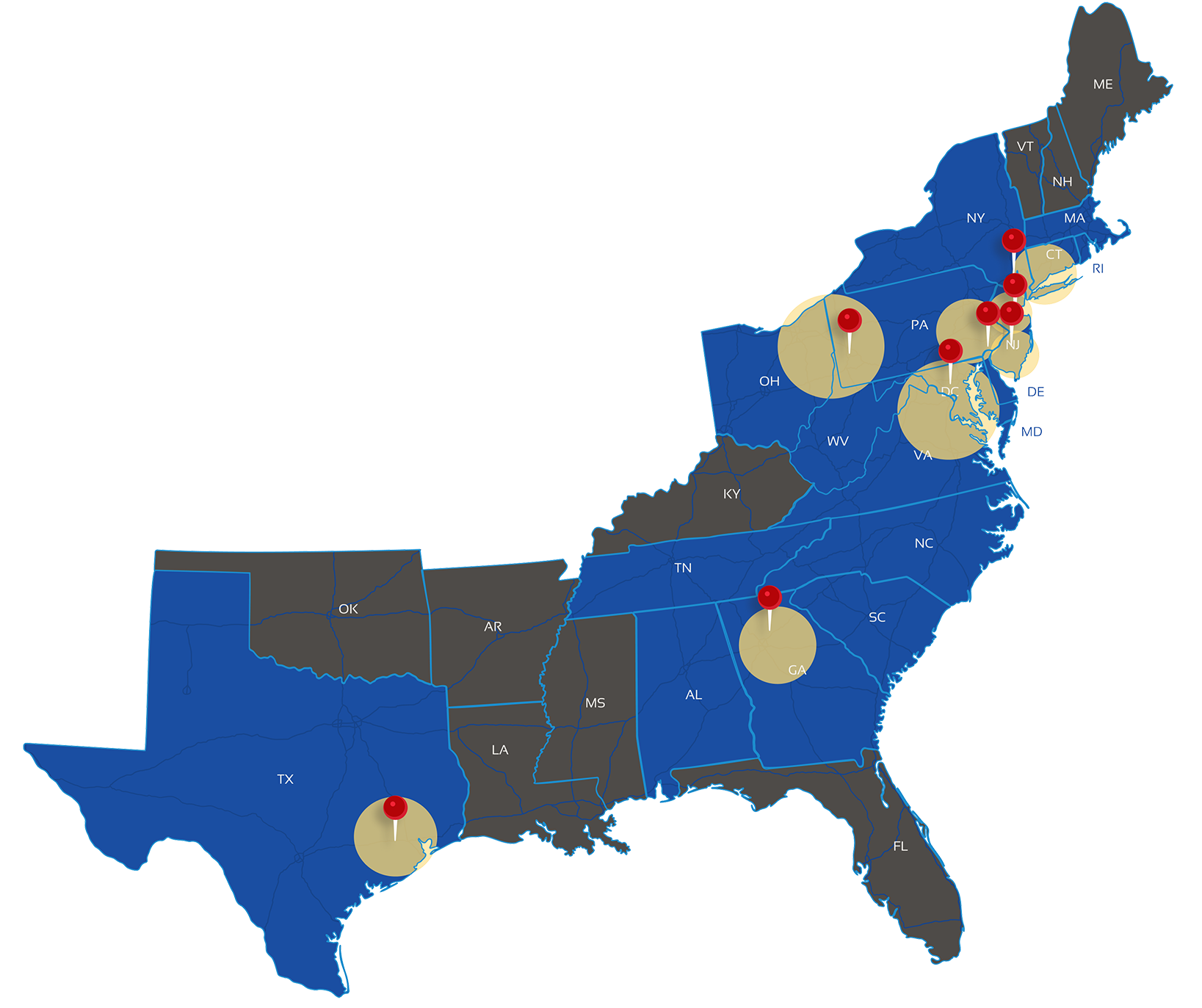 Service areas map showing coverage across the East Coast and Southwest